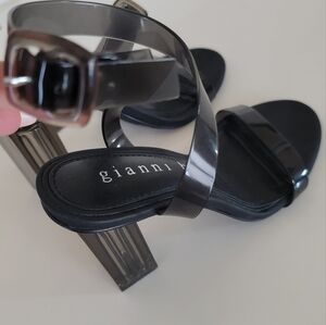 6.5 Gianni Bini Liyra ClearAnkle Strap Block HeelSandals Smoke